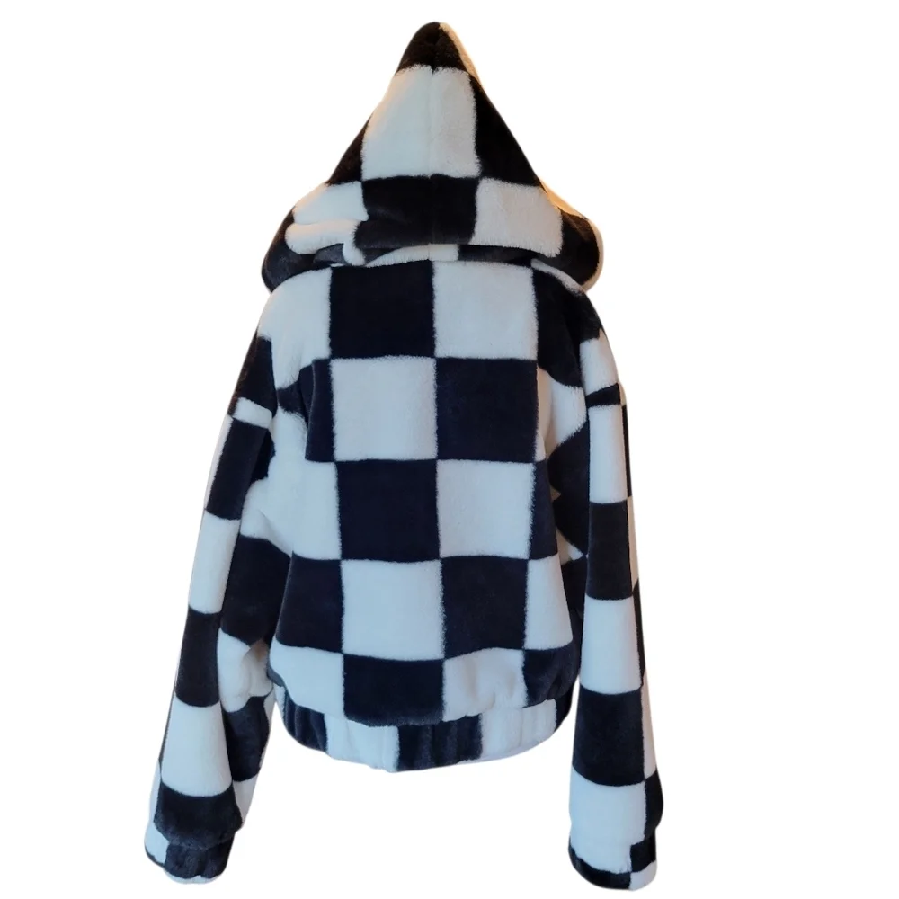Forever 21 Faux Fur Black White Checkered Half Zip Pullover Hoodie Sweater